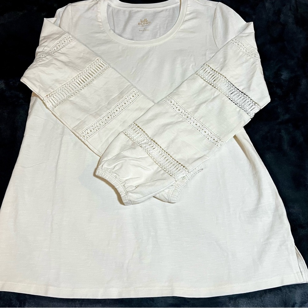 Belle Boho Women’s Cotton Knit‎ Bishop Sleeve Cutout Casual White Top S - Picture 10 of 10